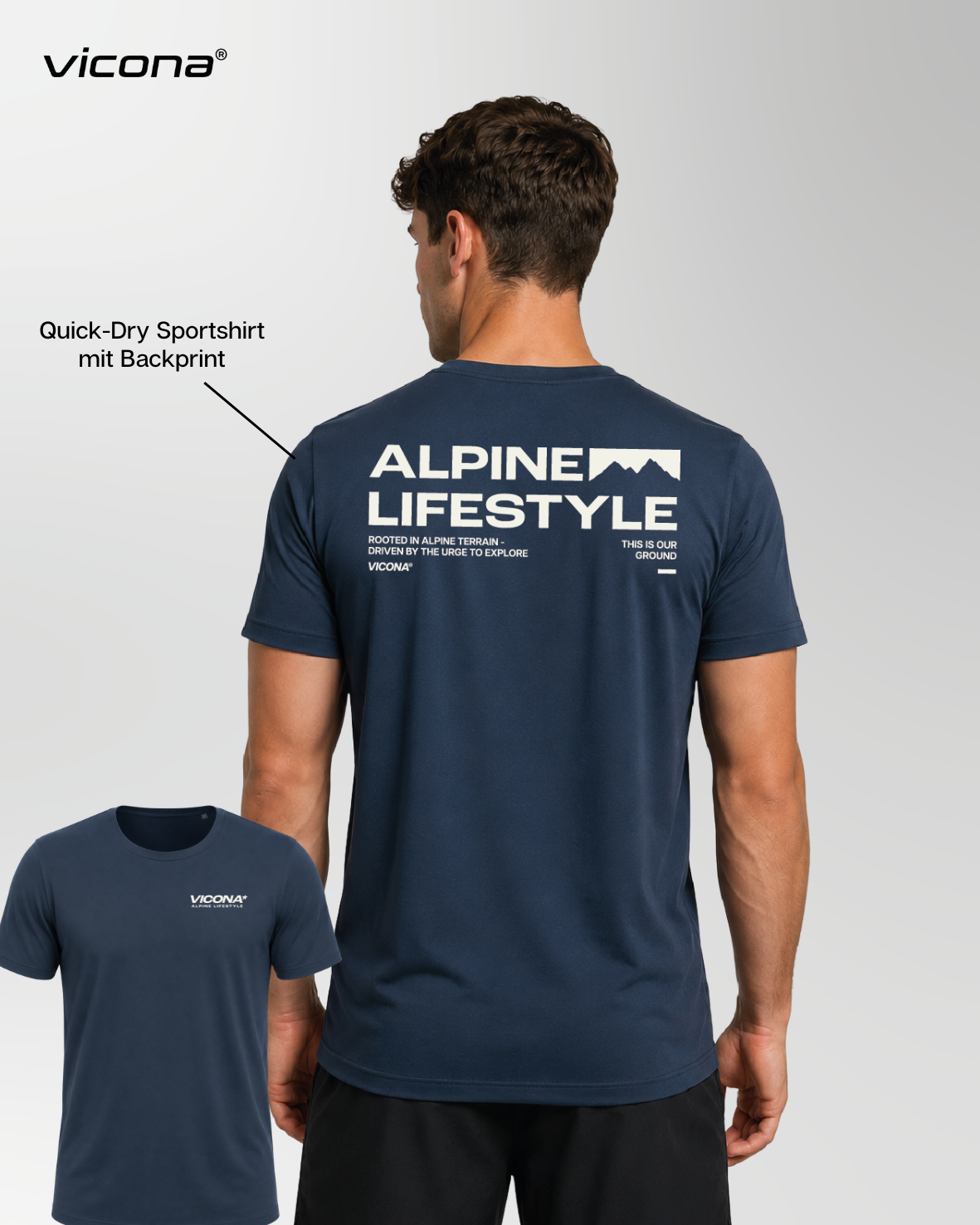 Sporthirt in navyblau getragen von einem Mann, hintere Ansicht