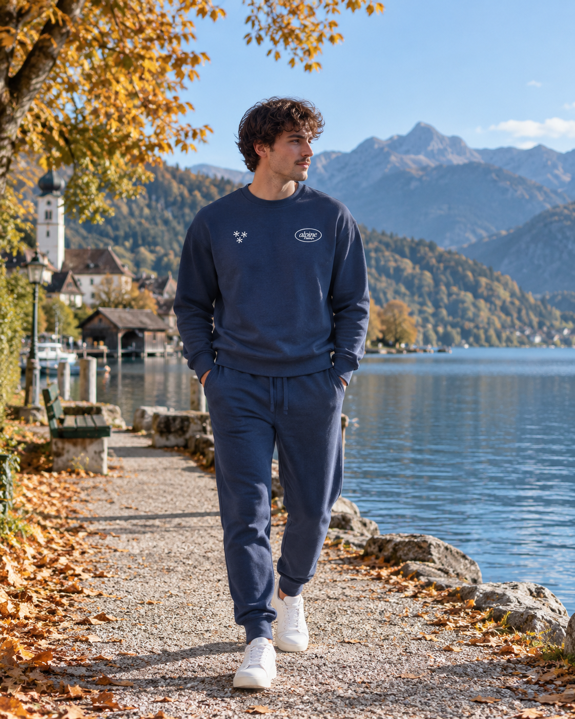 Model geht in blauem Jogginganzug von Vicona durch einen Ort in Österreich