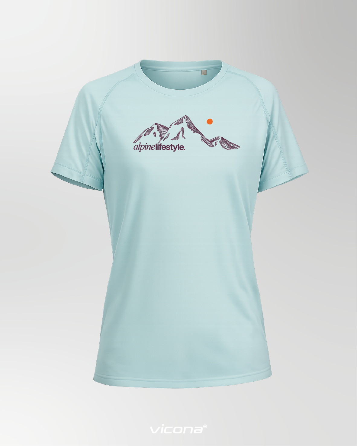 Damen Sportshirt in türkis mit Berg Print auf der Brust. Bergsport Shirt
