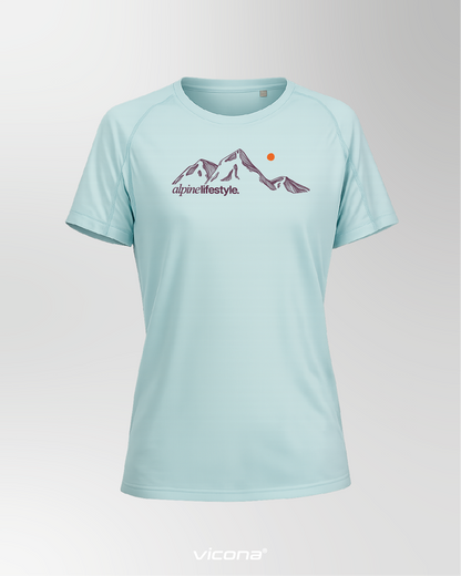 Damen Sportshirt in türkis mit Berg Print auf der Brust. Bergsport Shirt