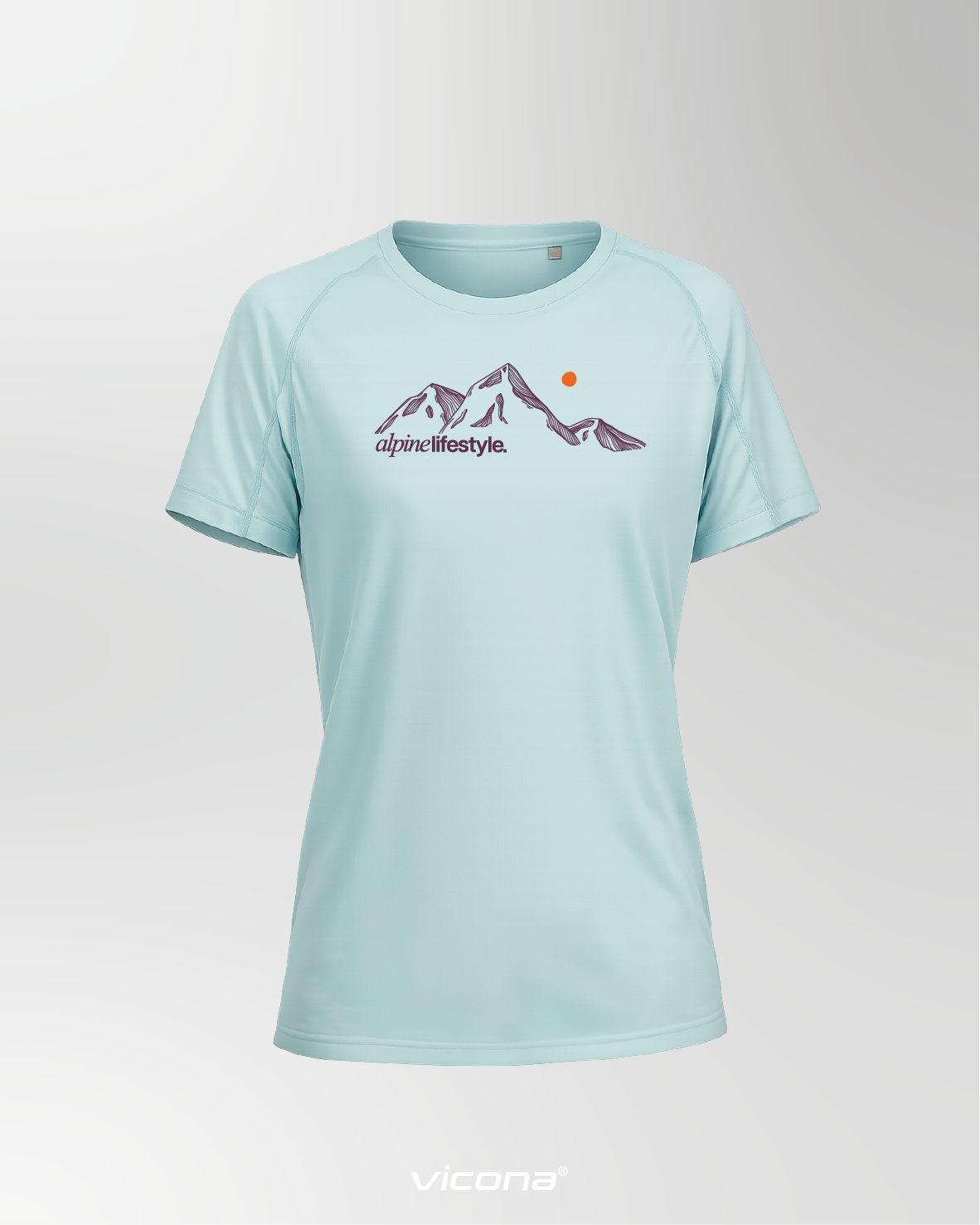 Damen Sportshirt in türkis mit Berg Print auf der Brust. Bergsport Shirt