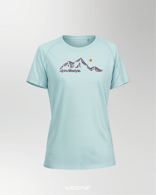 Damen Sportshirt in türkis mit Berg Print auf der Brust. Bergsport Shirt