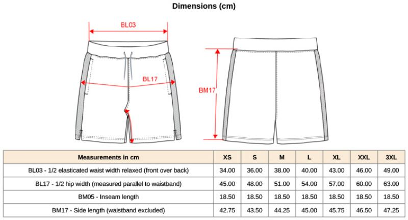 Tabelle mit den Groessen für die Brezza Sport Short Herren