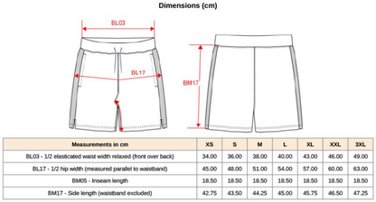 Tabelle mit den Groessen für die Brezza Sport Short Herren