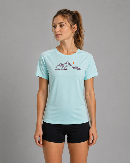 Outdoor Shirt für Damen in türkis mit coolem Berg Motiv auf der Brust