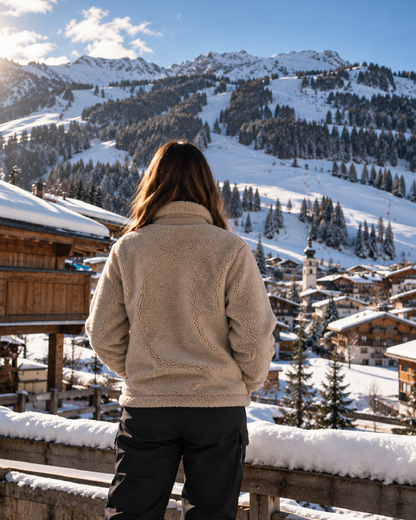 Dame steht in Skiort und trägt Winterjacke aus Fleecmaterial.
