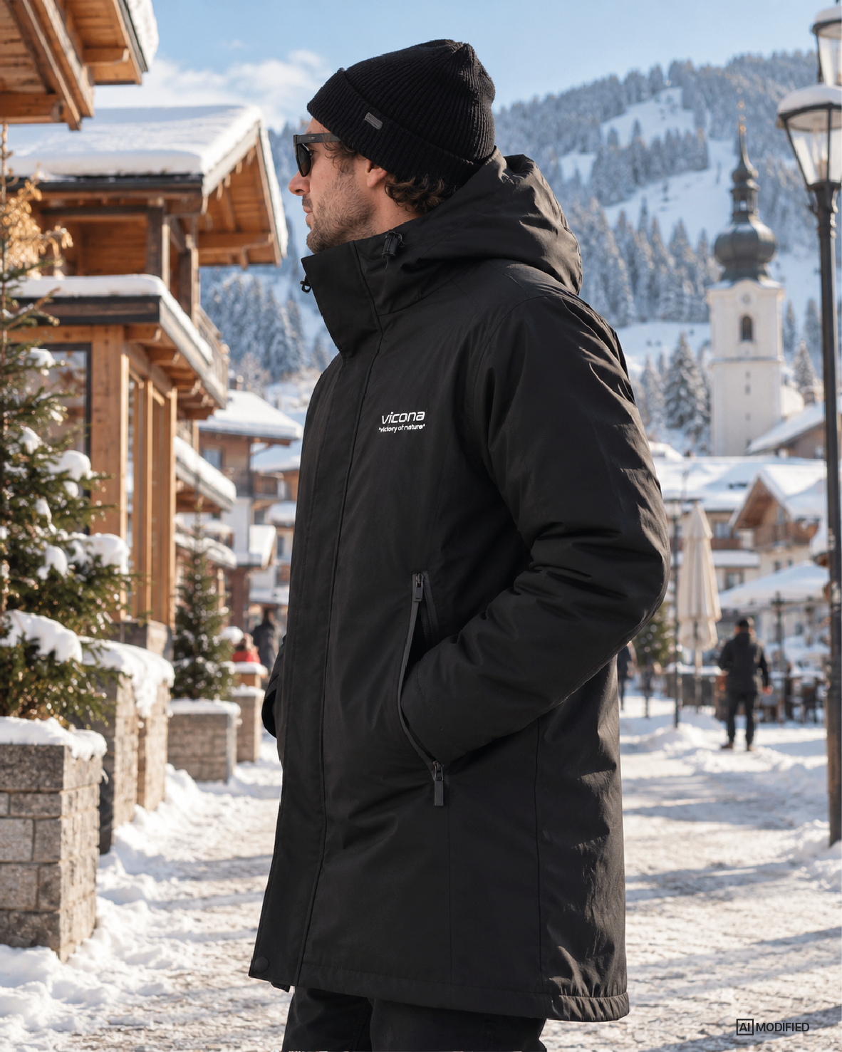 Man trägt schwarzen Winter Parka von Vicona in einem Wintersport Skiort in Österreich
