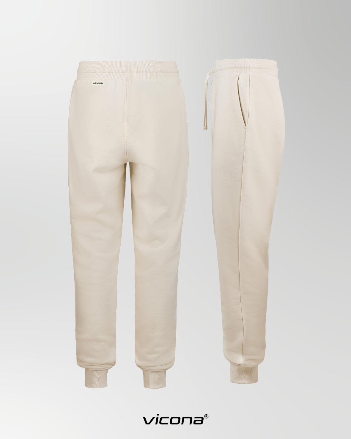 Jogginghose aus Baumwolle von der Seite und von hinten. Farbe beige
