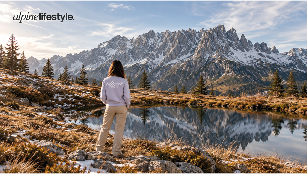 Frau steht vor dem Hochkönig in Salzburg mit einem Vicona Sweater