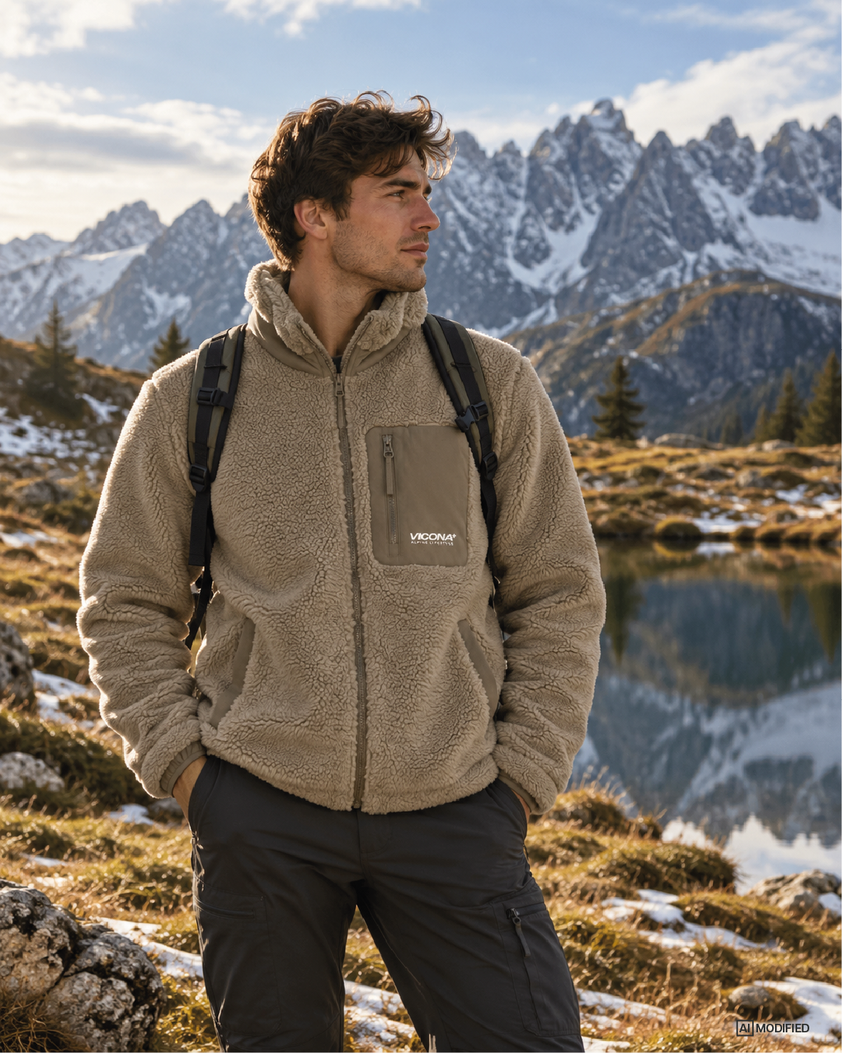 Model steht in den Bergen und trägt die Sesto Fleecjacke von Vicona Wear