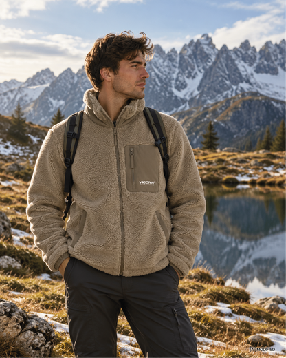Model steht in den Bergen und trägt die Sesto Fleecjacke von Vicona Wear