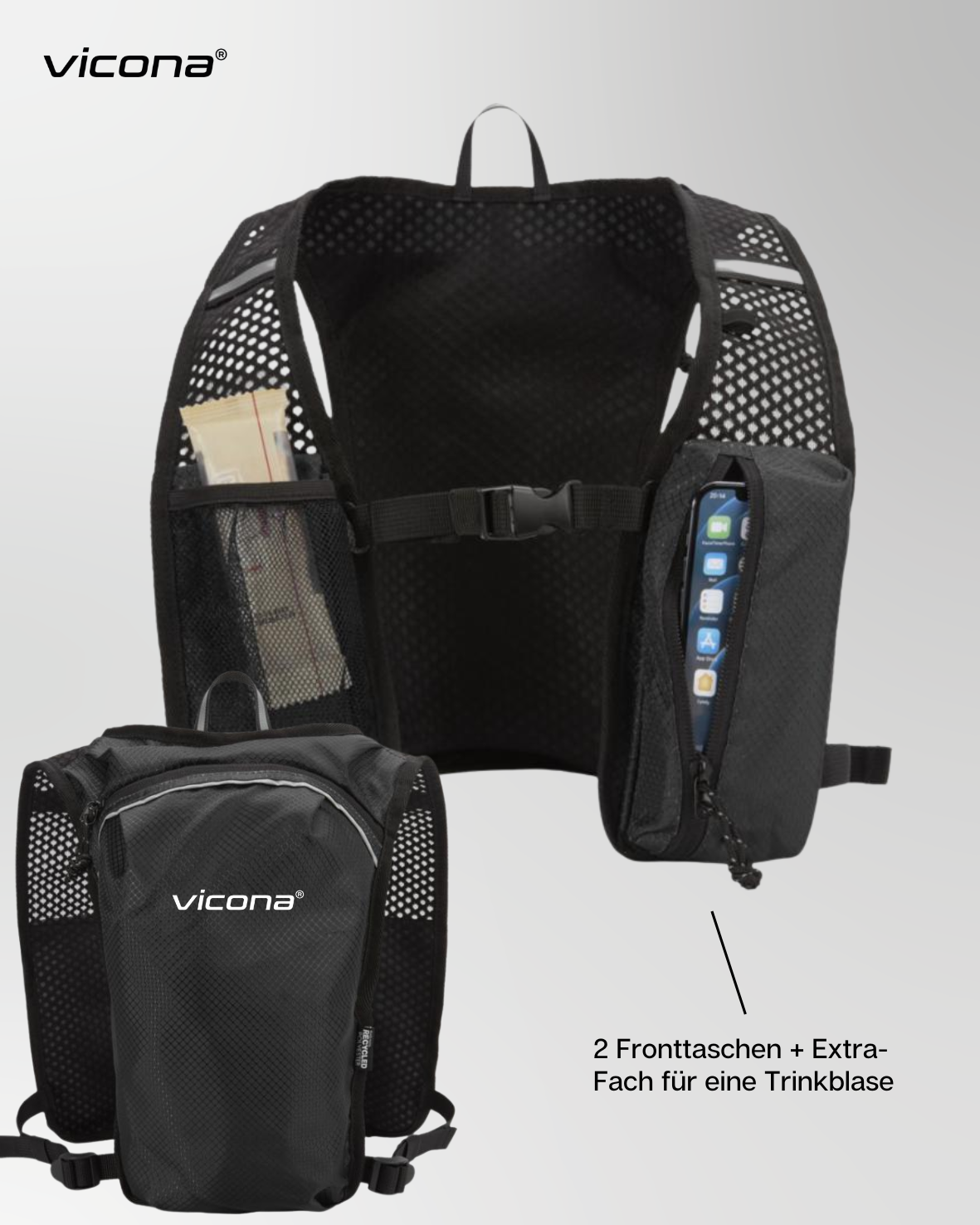 Vicona V-Trail Backpack black, front und Rückseite inklusive Produktbeschreibung