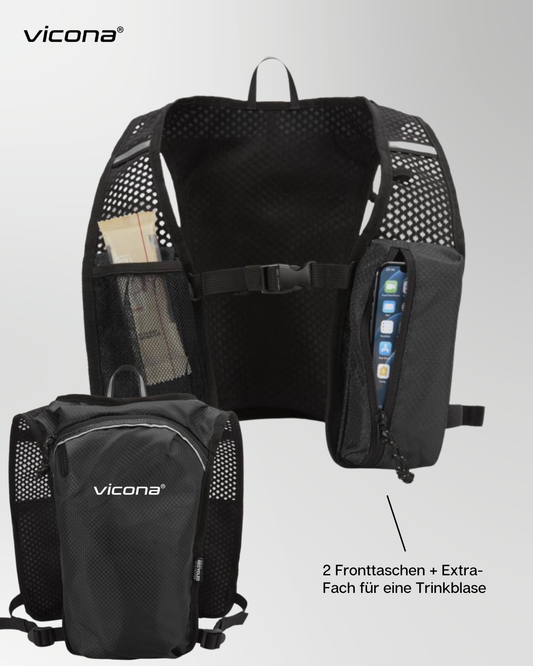 Vicona V-Trail Backpack black, front und Rückseite inklusive Produktbeschreibung