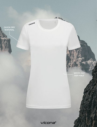 Brezza Damen Sportshirt in Weiß, taillierte Passform aus leichtem Funktionsstoff, sehr atmungsaktiv und hautfreundlich, Trailrun, Wandern, Laufen