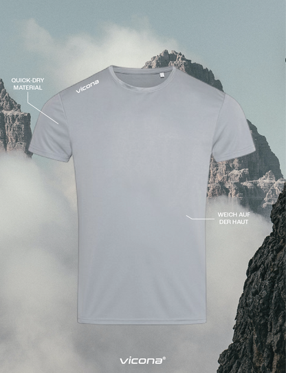 Brezza Herren Sportshirt in Silber aus atmungsaktivem Funktionsmaterial, Vorderansicht mit Logo, Polyester Material, Berge, Wandershirt