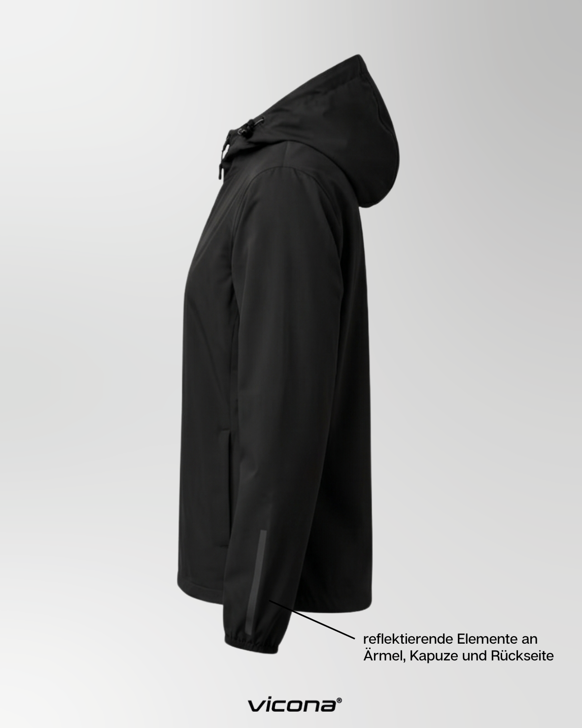 etailansicht des schwarzen Lago Windbreakers aus 100% GRS zertifiziertem recyceltem Polyester, nachhaltige Sportmode