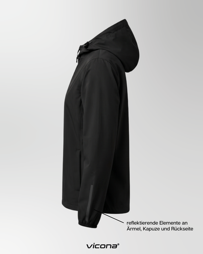 etailansicht des schwarzen Lago Windbreakers aus 100% GRS zertifiziertem recyceltem Polyester, nachhaltige Sportmode