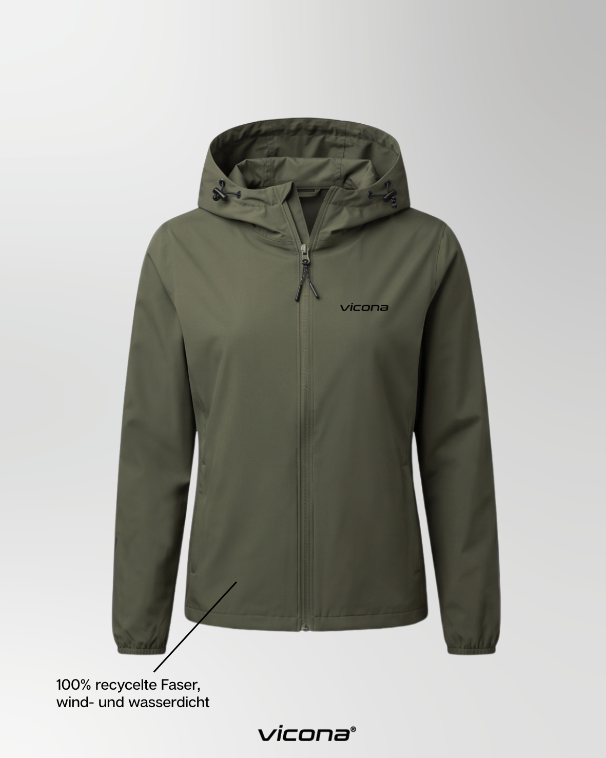 icona Lago Windbreaker in olivgrün, extrem leichte und winddichte Laufjacke aus recyceltem Polyester, Vorderansicht