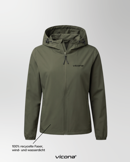 icona Lago Windbreaker in olivgrün, extrem leichte und winddichte Laufjacke aus recyceltem Polyester, Vorderansicht