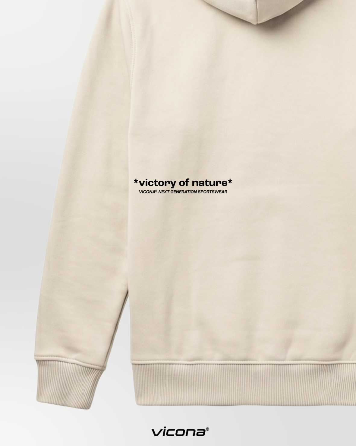 Detailaufnahme des beigen Vicona Rocca Hoodies, weiche French Terry Innenseite, cooler Hoodie für Damen und Herren