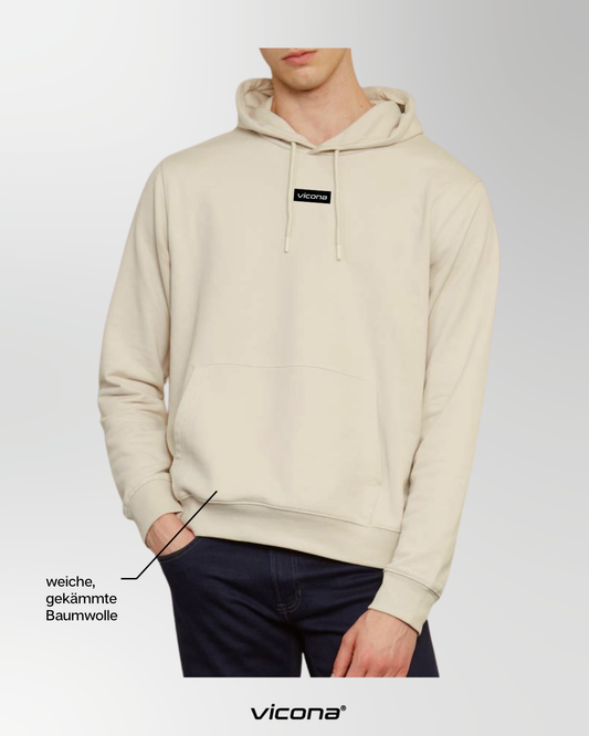 Vicona Rocca Hoodie in beige aus French Terry Baumwolle, Vorderansicht mit Kapuze, perfekt für Alltag und Sport