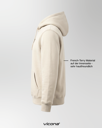 Detailaufnahme des beigen Vicona Rocca Hoodies, weiche French Terry Innenseite aus 400g pro m² schwerem Baumwollmix