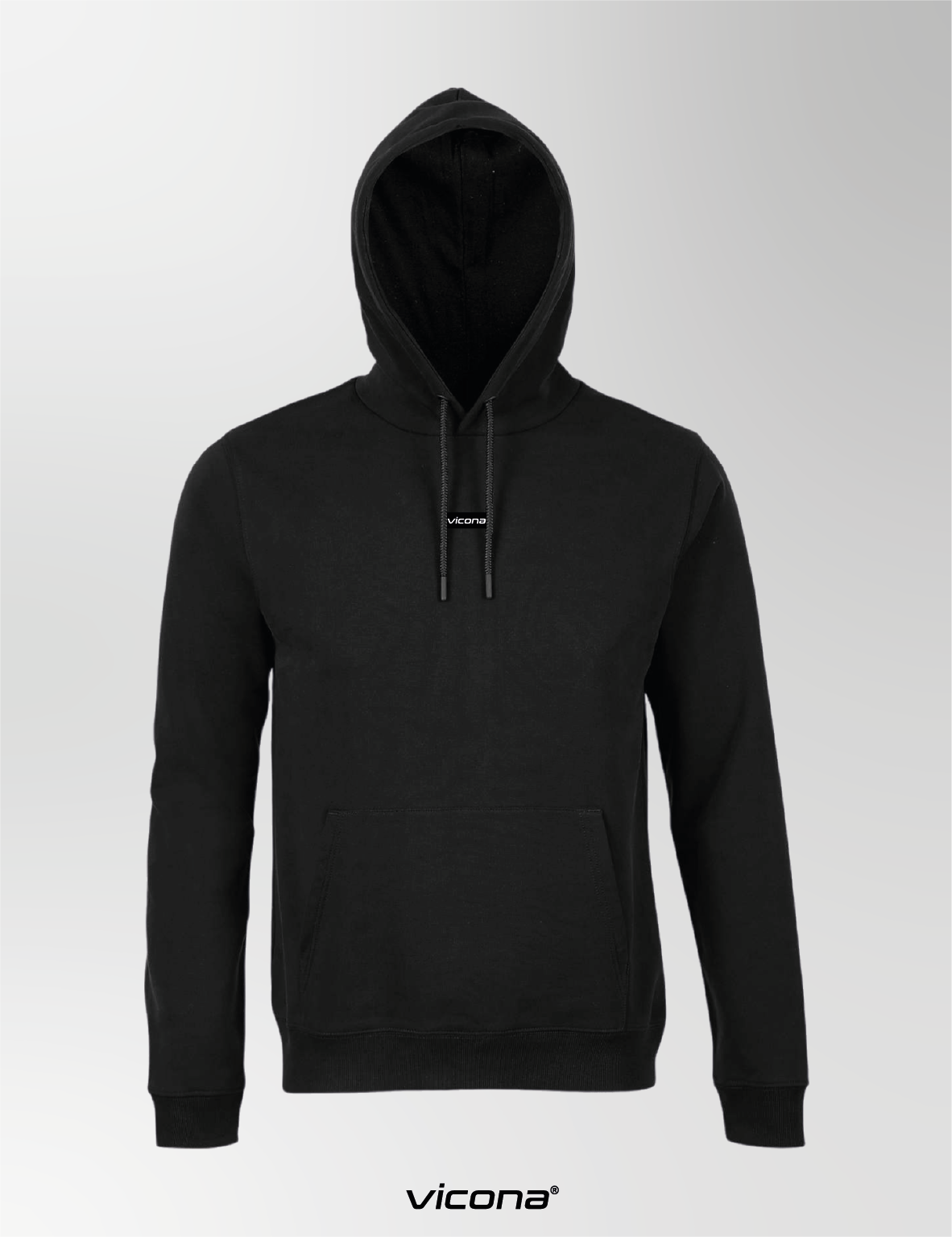Schwarzer Vicona Rocca Unisex Hoodie aus schwerem French Terry Stoff, klassische Vorderansicht mit Kapuze