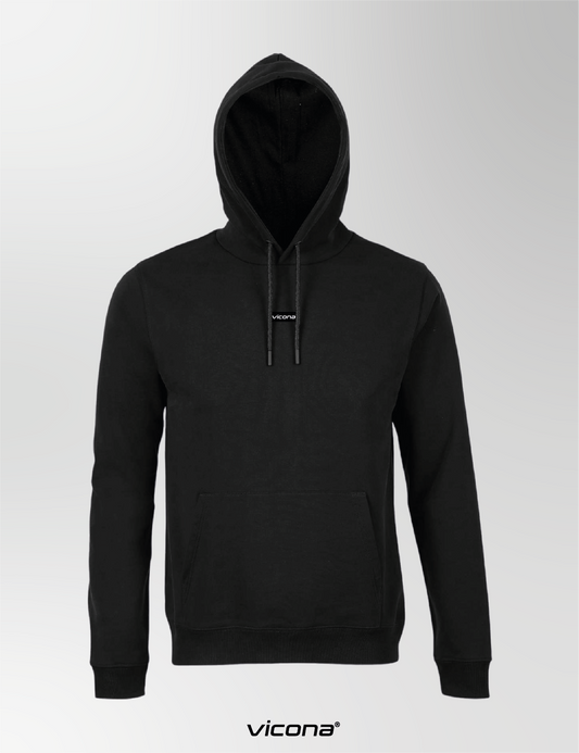 Schwarzer Vicona Rocca Unisex Hoodie aus schwerem French Terry Stoff, klassische Vorderansicht mit Kapuze