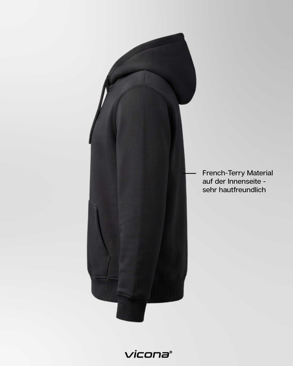 Seitliche Nsicht des Rocca Hoodie. Sportlich und eleganter Hoodie für Damen und Herren in schwarz. Atmungsaktiv und hautfreundlich.