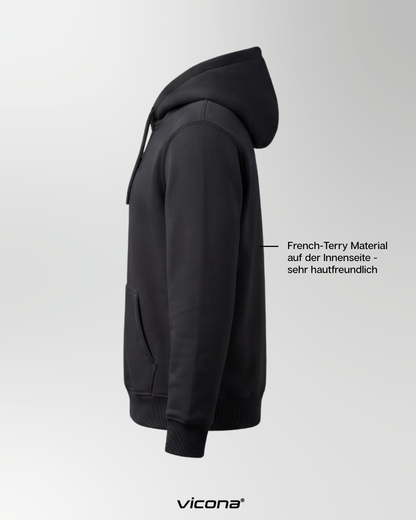 Seitliche Nsicht des Rocca Hoodie. Sportlich und eleganter Hoodie für Damen und Herren in schwarz. Atmungsaktiv und hautfreundlich.